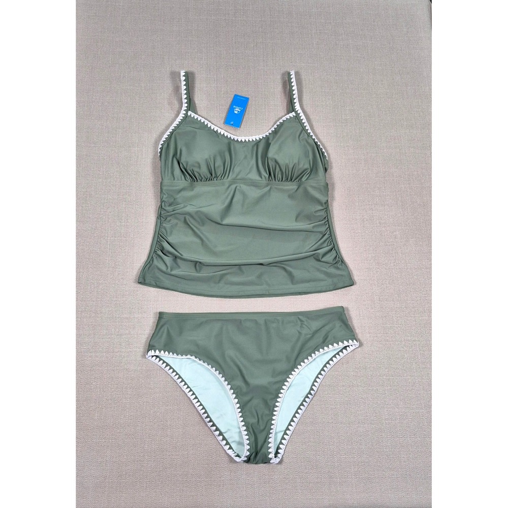 Cupshe Womens Olive‎ Green Ruched Tummy Control Tankini Swimsuit Set Size L NWT